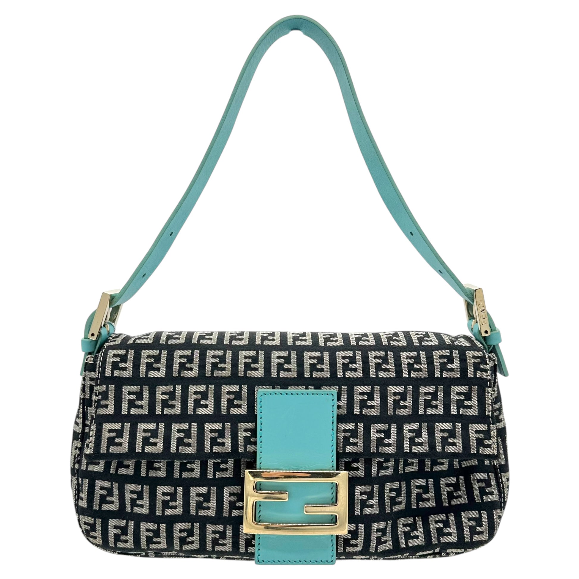 Fendi Black & Turquoise Zucchino Monogram Baguette Bag - Outfit Repeater