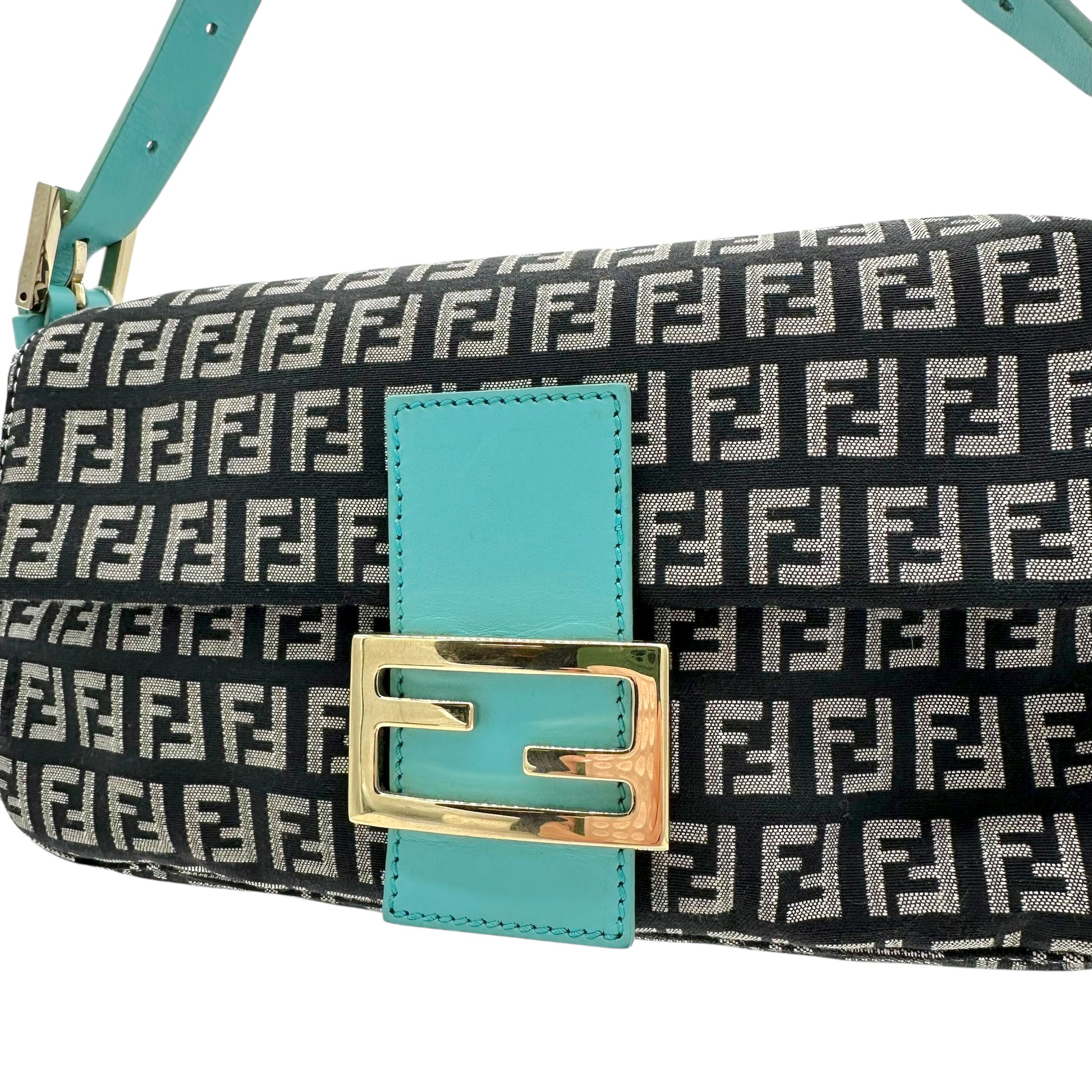 Fendi Black & Turquoise Zucchino Monogram Baguette Bag - Outfit Repeater