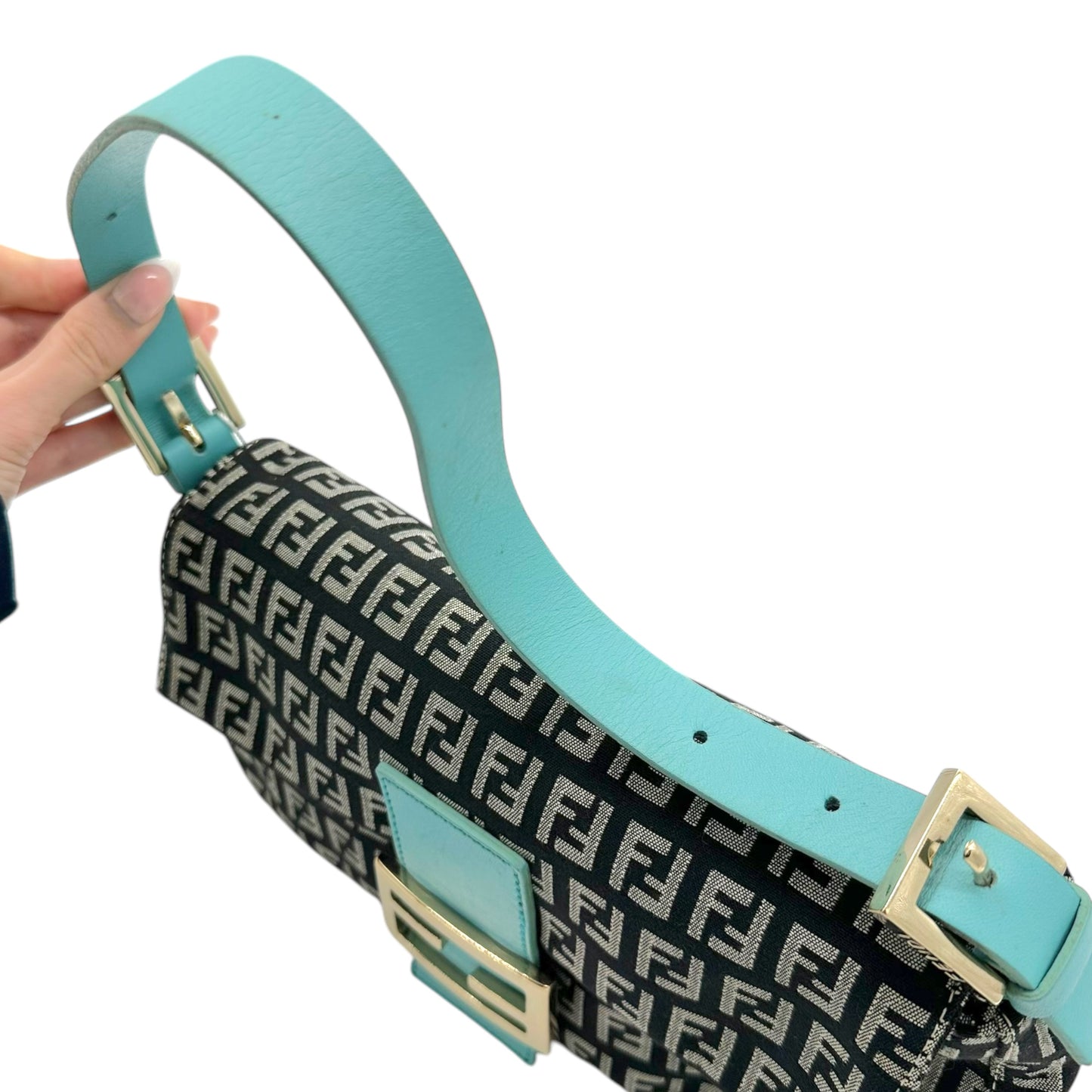 Fendi Black & Turquoise Zucchino Monogram Baguette Bag - Outfit Repeater