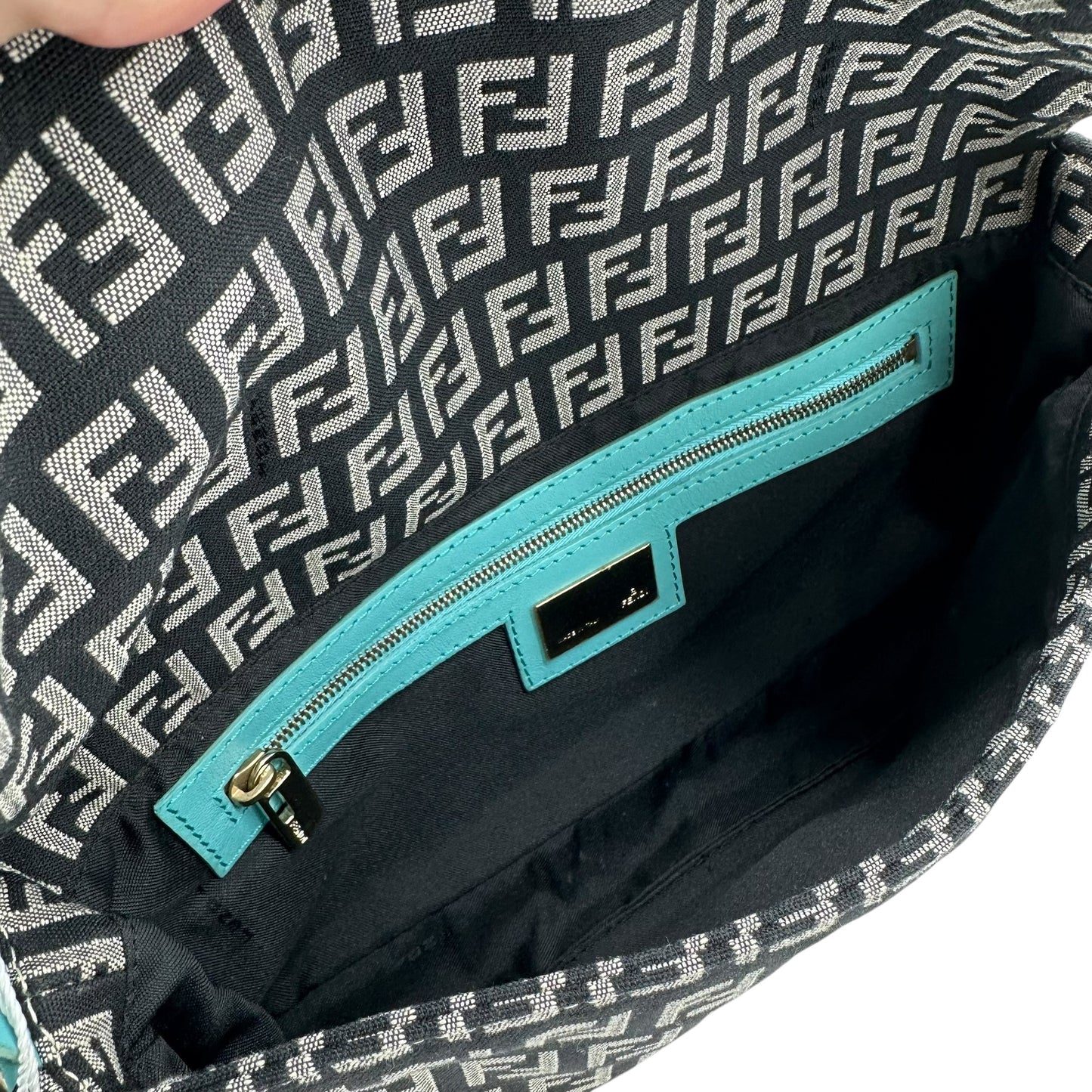 Fendi Black & Turquoise Zucchino Monogram Baguette Bag - Outfit Repeater