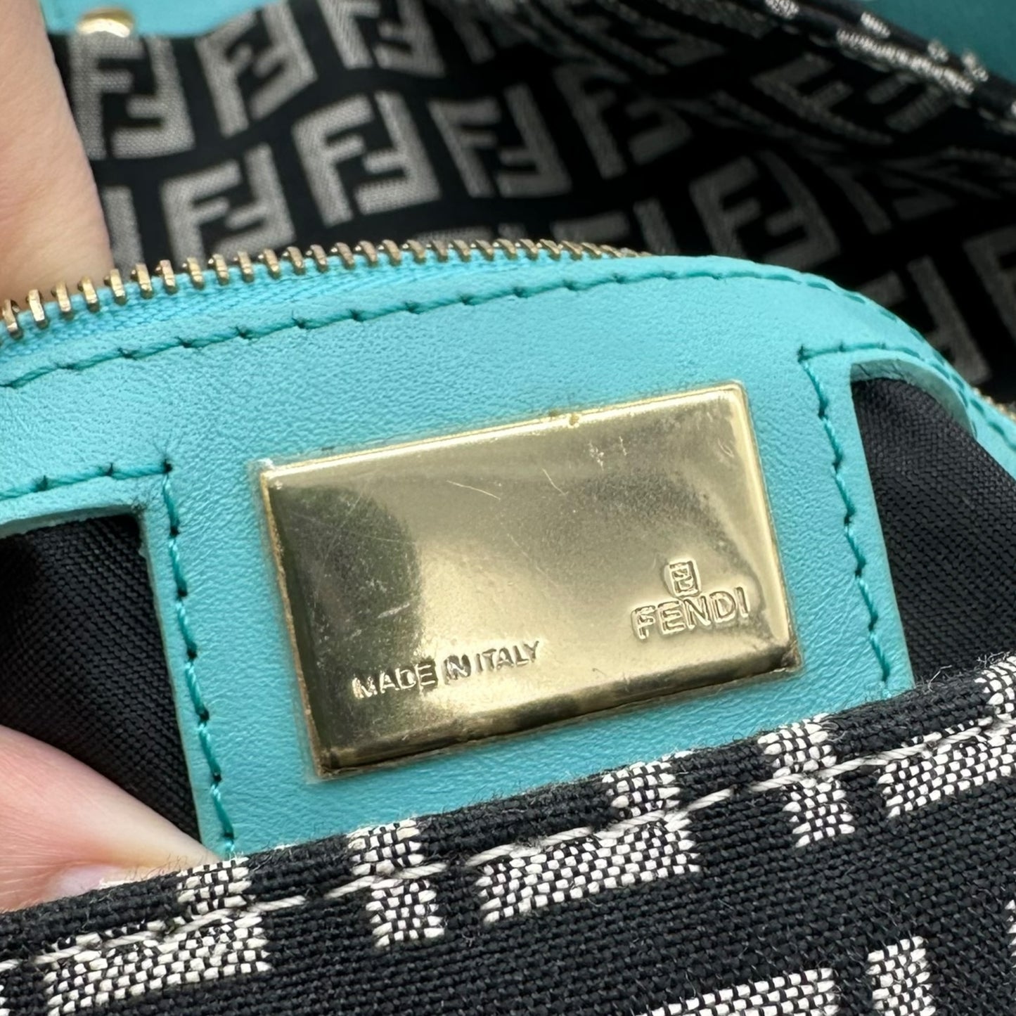 Fendi Black & Turquoise Zucchino Monogram Baguette Bag - Outfit Repeater