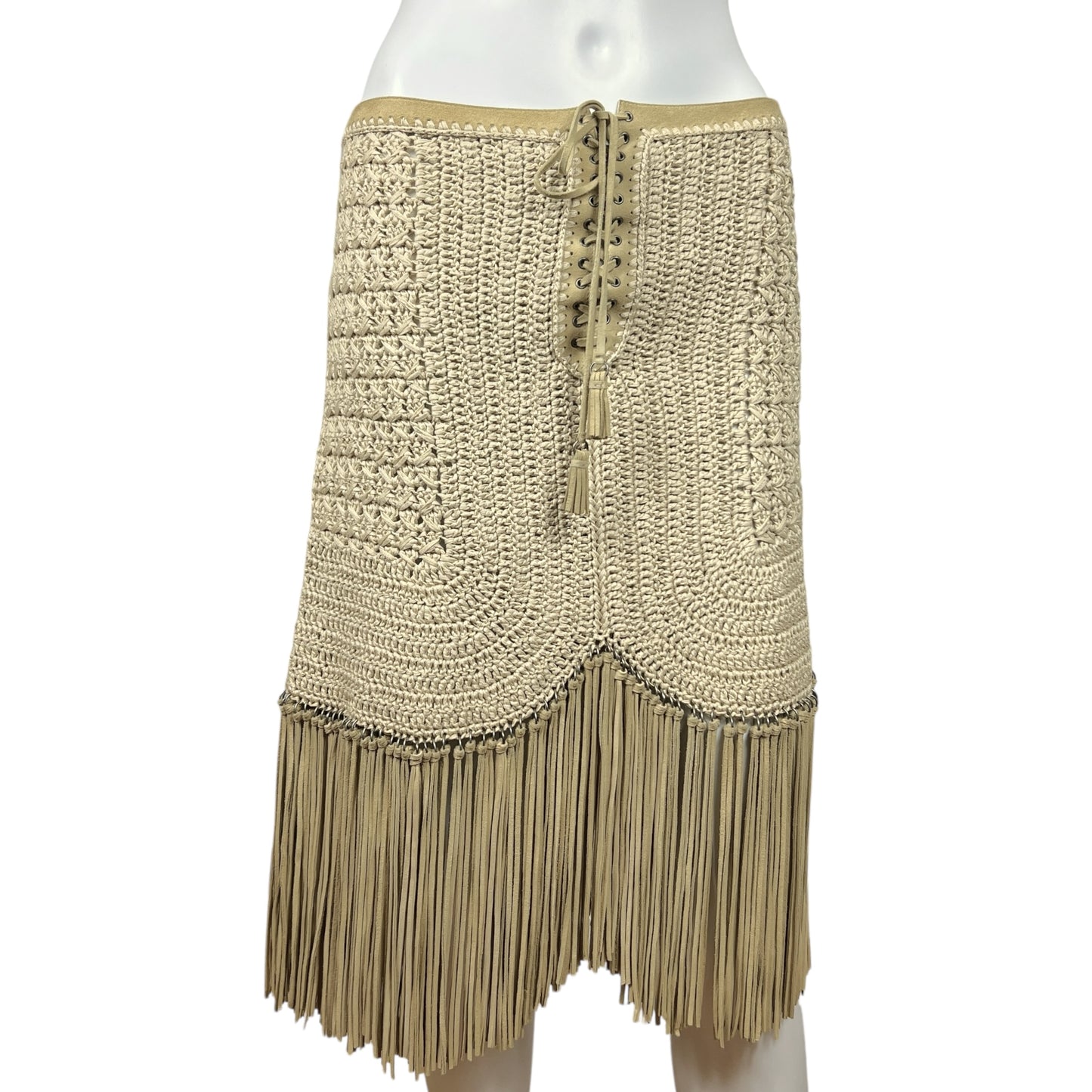 Salvatore Ferragamo Ivory Crochet & Suede Fringe Midi Skirt