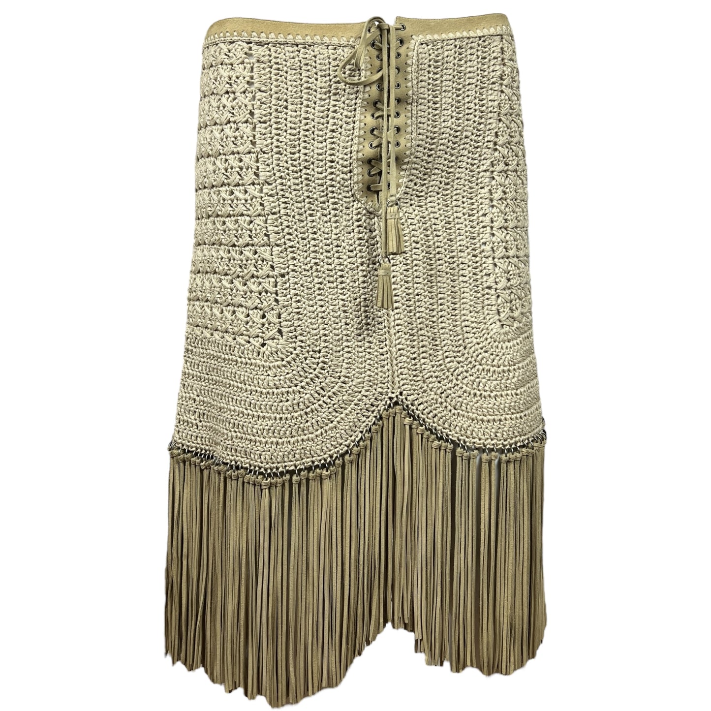 Salvatore Ferragamo Ivory Crochet & Suede Fringe Midi Skirt