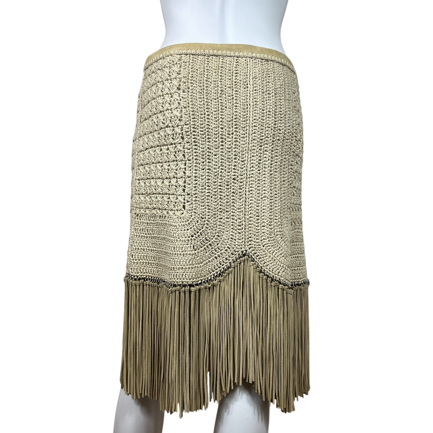 Salvatore Ferragamo Ivory Crochet & Suede Fringe Midi Skirt