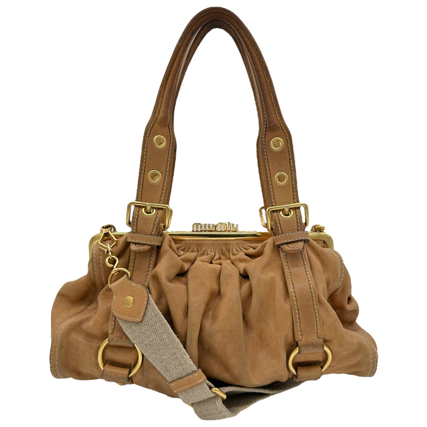 Miu Miu Tan Leather Logo Clasp 2-Way Bag - Outfit Repeater
