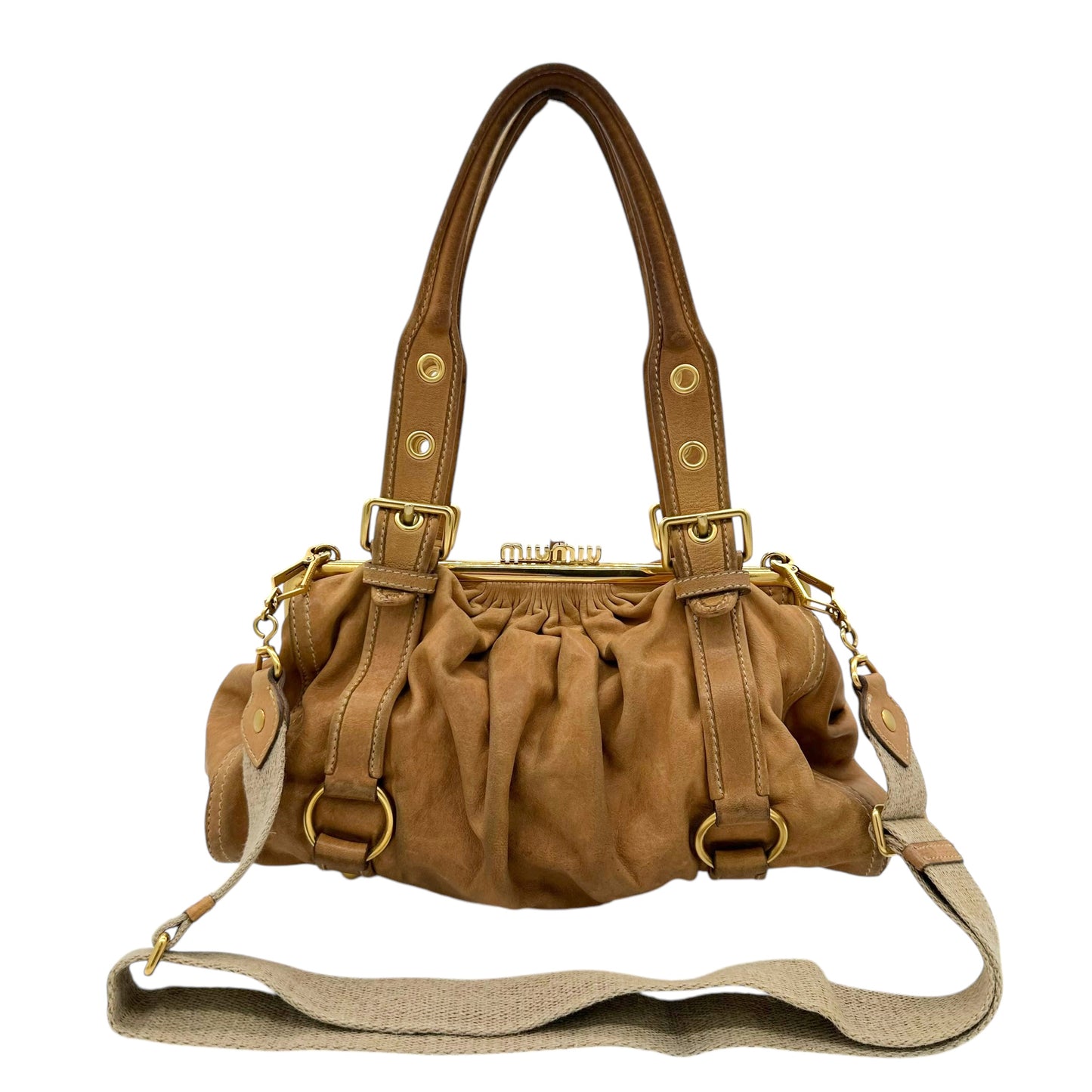 Miu Miu Tan Leather Logo Clasp 2-Way Bag - Outfit Repeater