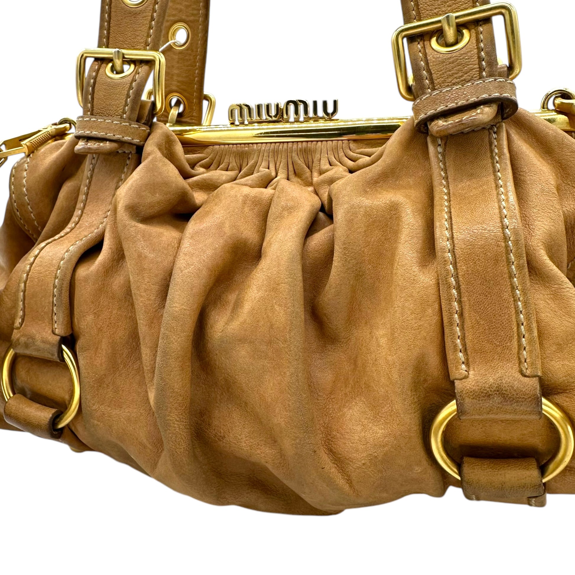 Miu Miu Tan Leather Logo Clasp 2-Way Bag - Outfit Repeater