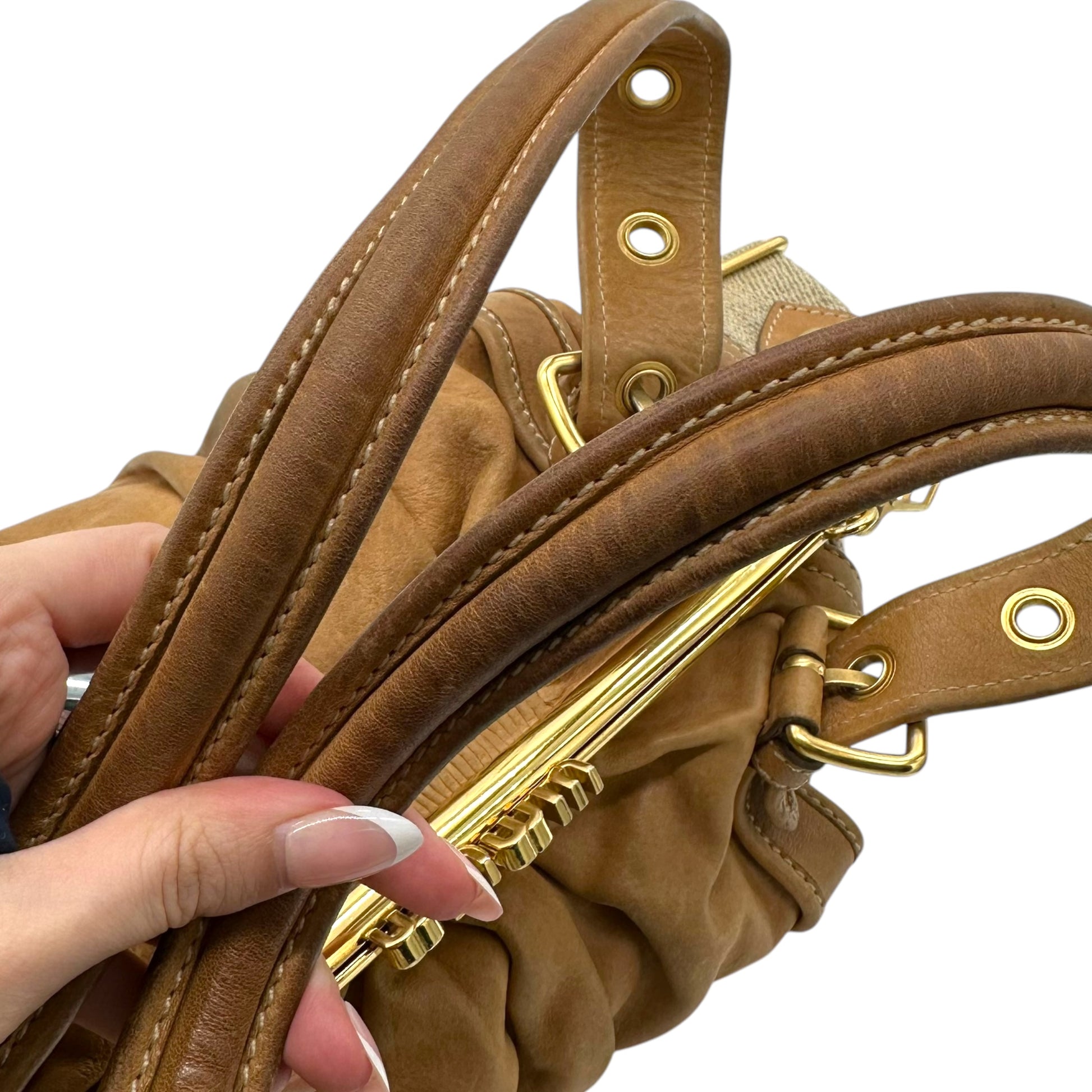 Miu Miu Tan Leather Logo Clasp 2-Way Bag - Outfit Repeater