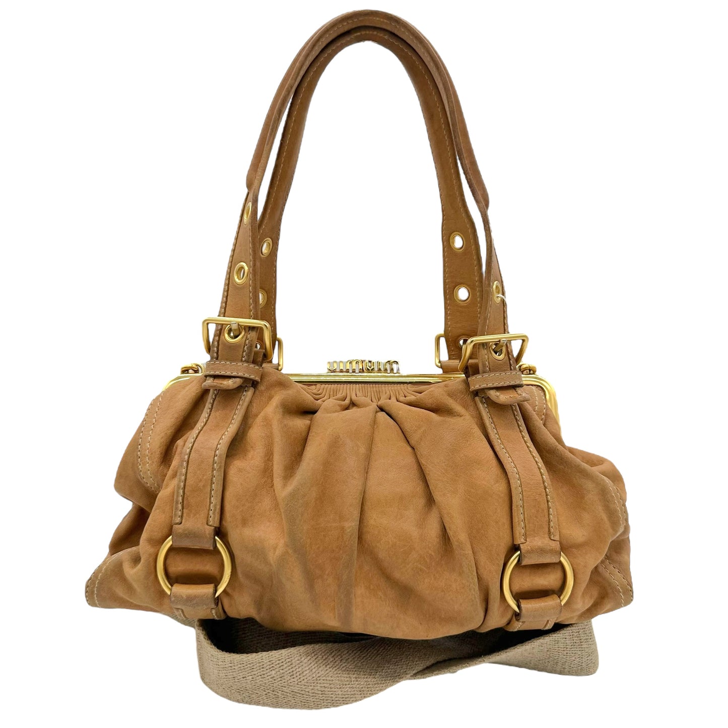 Miu Miu Tan Leather Logo Clasp 2-Way Bag - Outfit Repeater