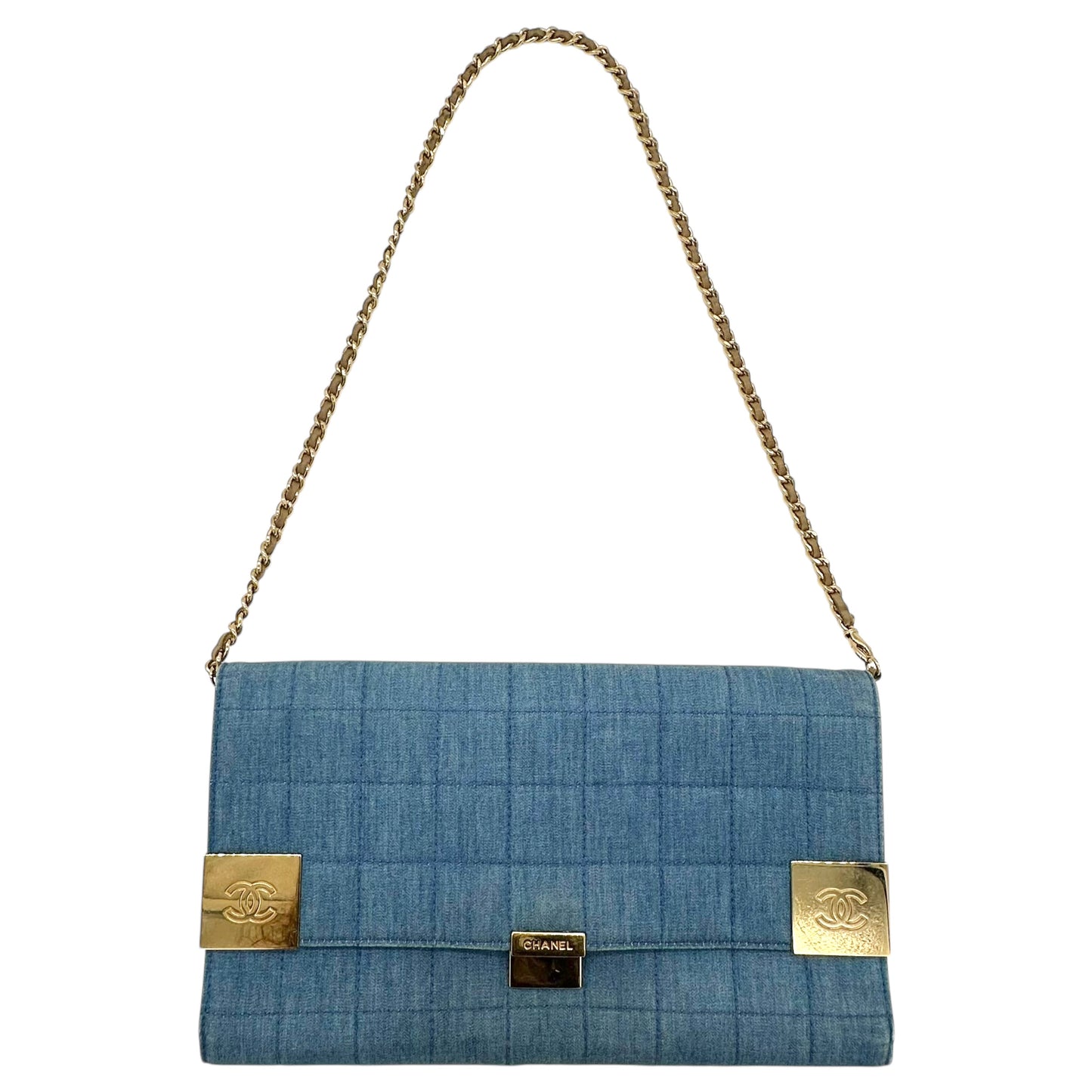 Chanel 2003 Quilted Denim Chocolate Bar Clutch 2-Way Bag