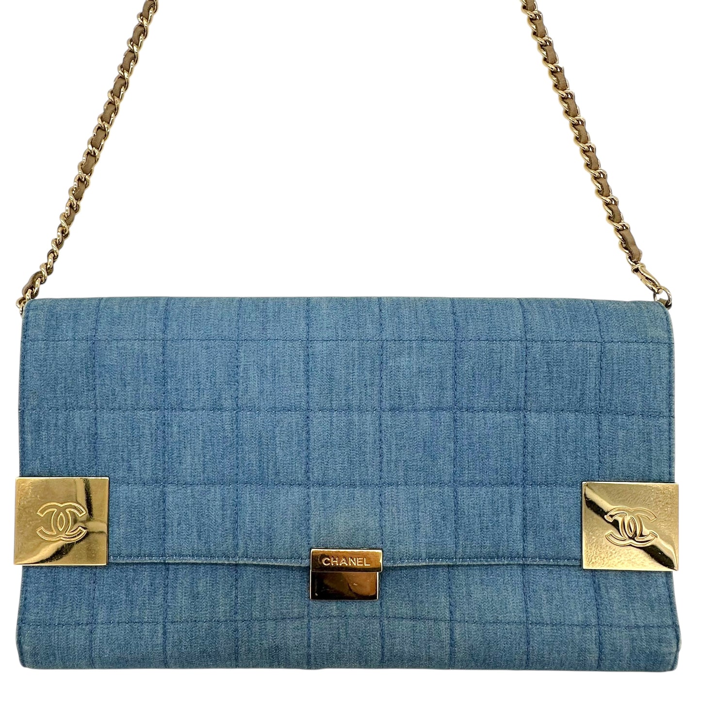 Chanel 2003 Quilted Denim Chocolate Bar Clutch 2-Way Bag