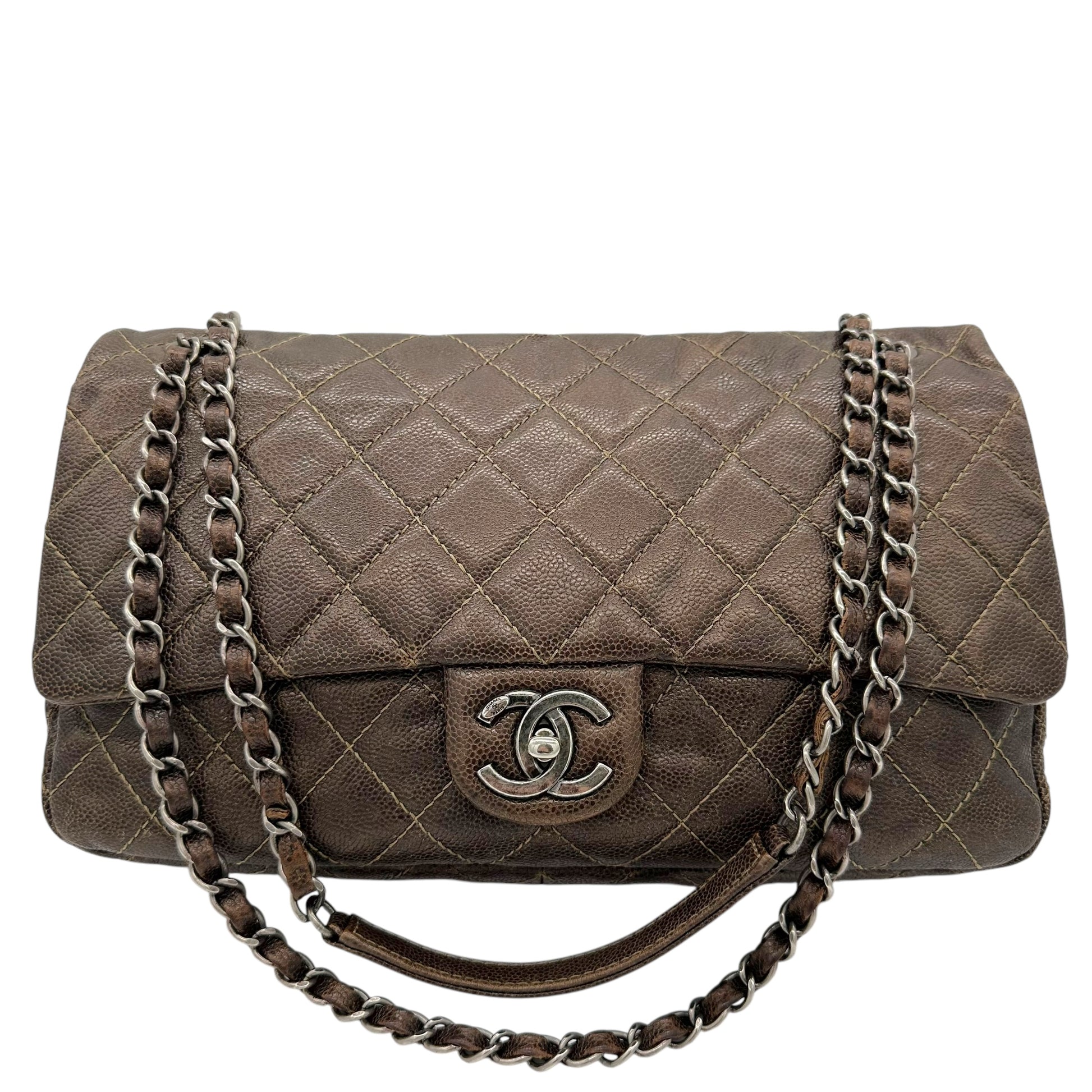 Chanel Brown Caviar Leather Quilted Large Flap Bag - Outfit Repeater
