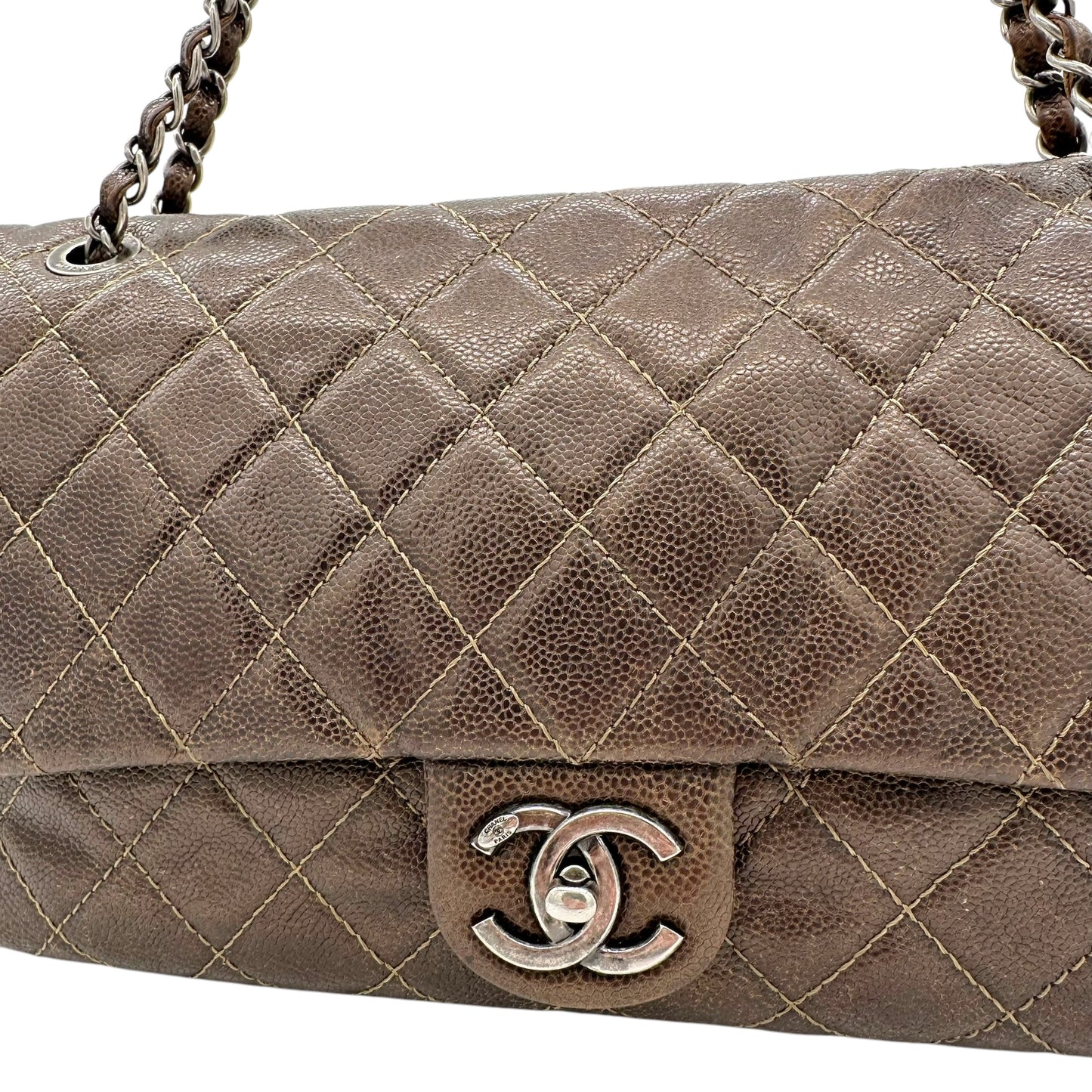 Chanel Brown Caviar Leather Quilted Large Flap Bag - Outfit Repeater