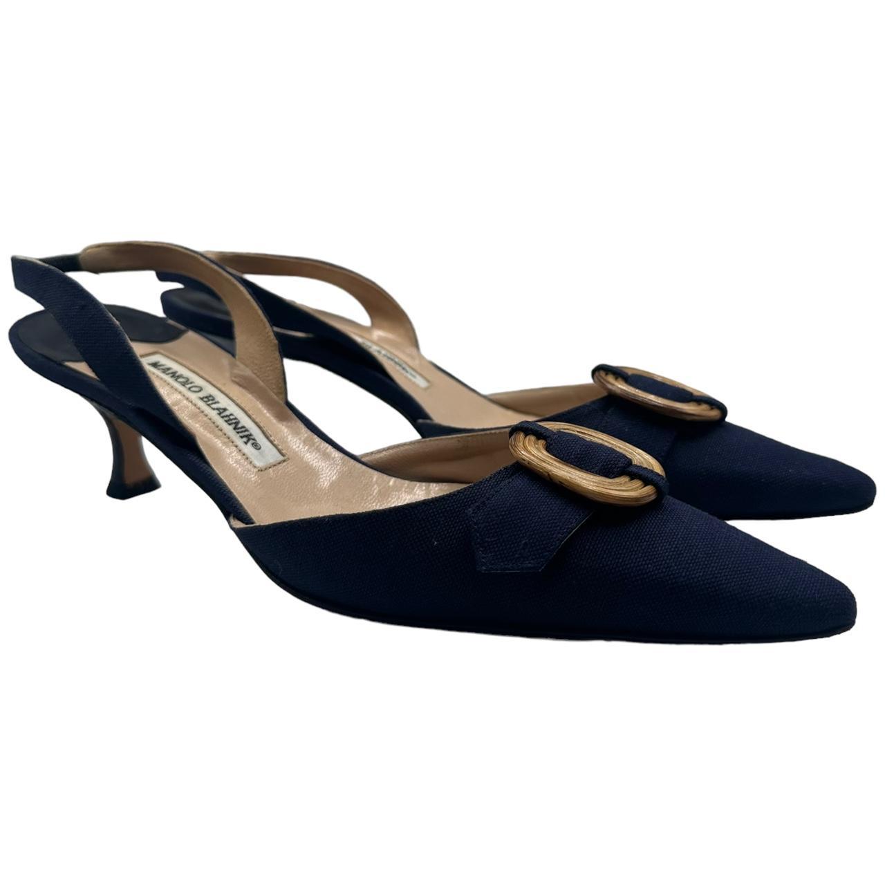 Manolo Blahnik Navy Blue Pointed Toe Slingback Heels
