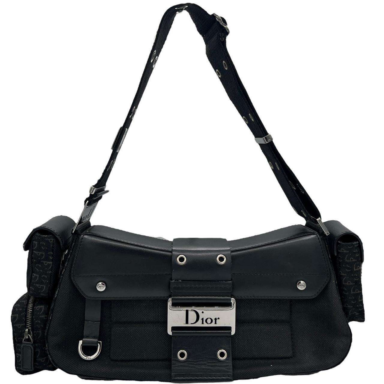 Dior Black Shoulder Bag Leather Fabric Adjustable Straps