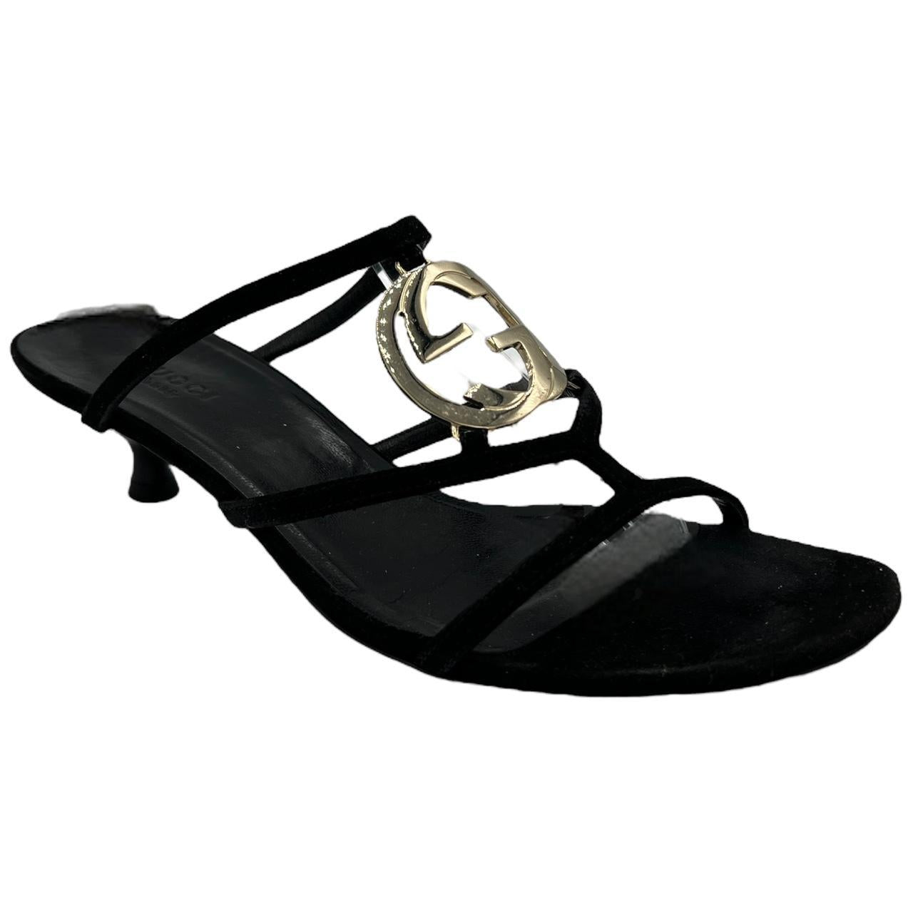 Gucci Black Suede Kitten Heel Sandals