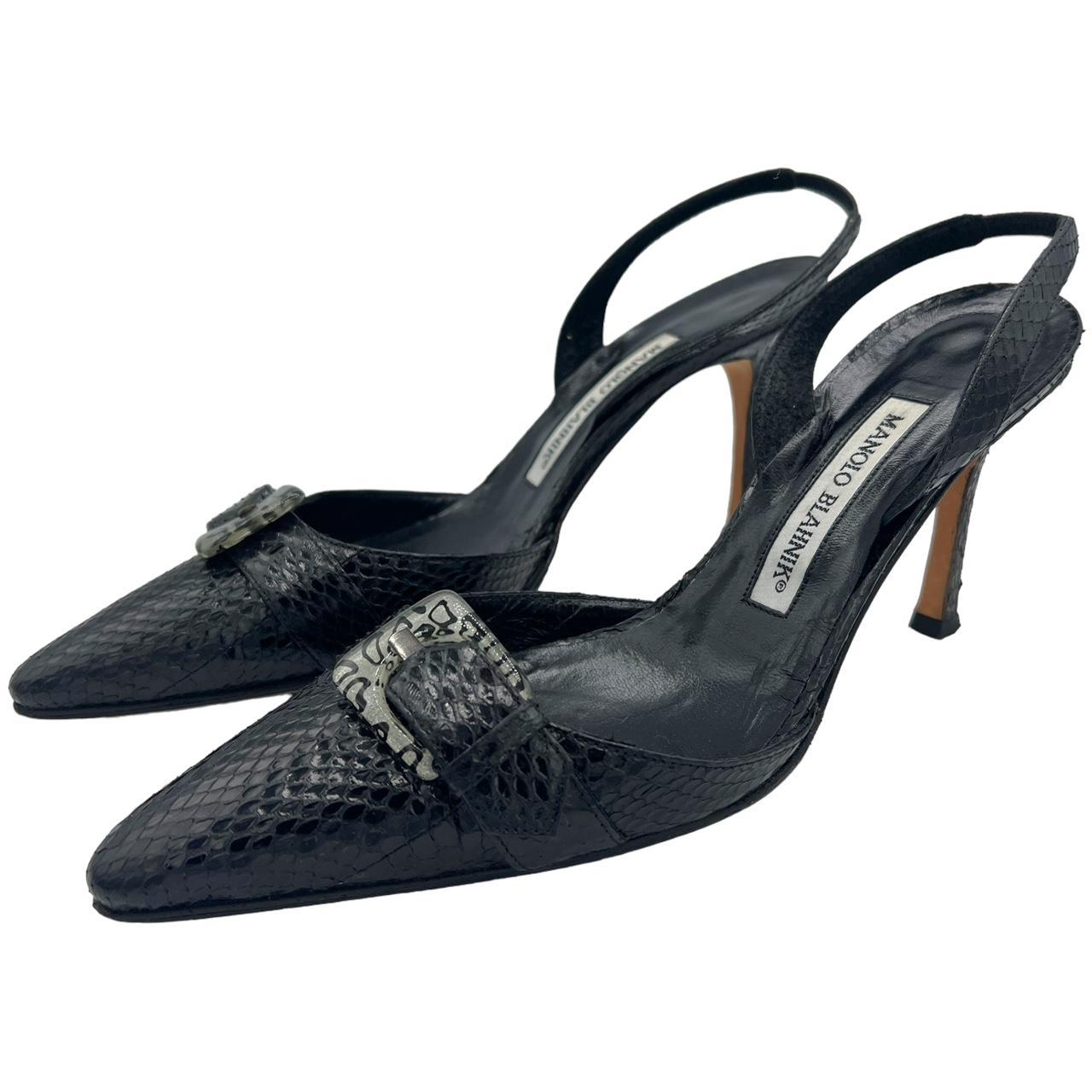 Manolo Blahnik Black Phython Snakeskin Slingback Heels