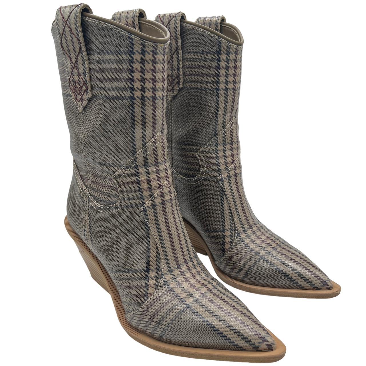 Fendi Cowboy Boots Gray Plaid Print Pointed Toe Wedge 37