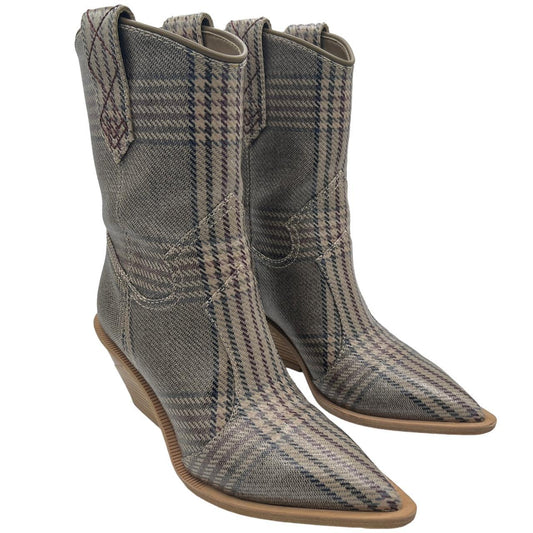 Fendi Cowboy Boots Gray Plaid Print Pointed Toe Wedge 37
