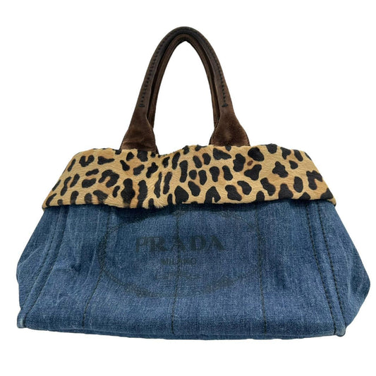 Prada Denim and Leopard Ponyhair Trim Canapa Tote Bag - Outfit Repeater