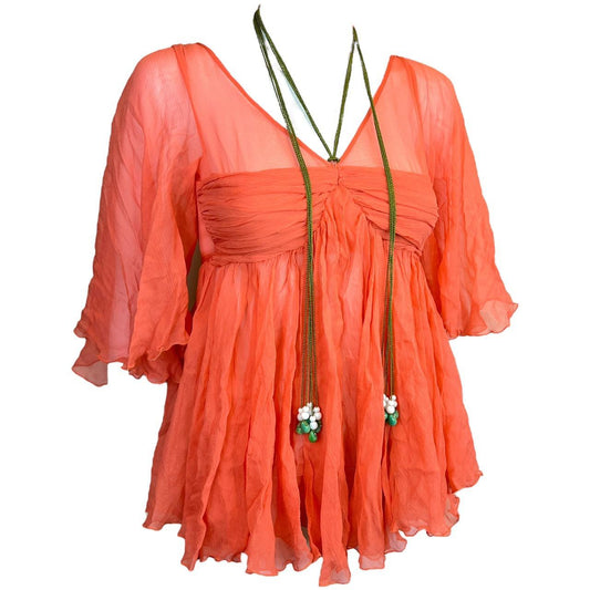 Chloé Spring / Summer 2004 by Phoebe Philo Coral Flowy Silk Semi-Sheer Blouse with Green Stone Beads