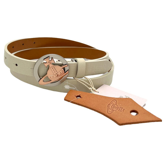Vivienne Westwood Ivory Leather Belt with Silver and Rose Gold Orb Logo Buckle - Outfit Repeater
