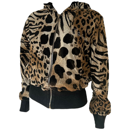 Roberto Cavalli Leopard Print Crystal Logo Embellished Hoodie