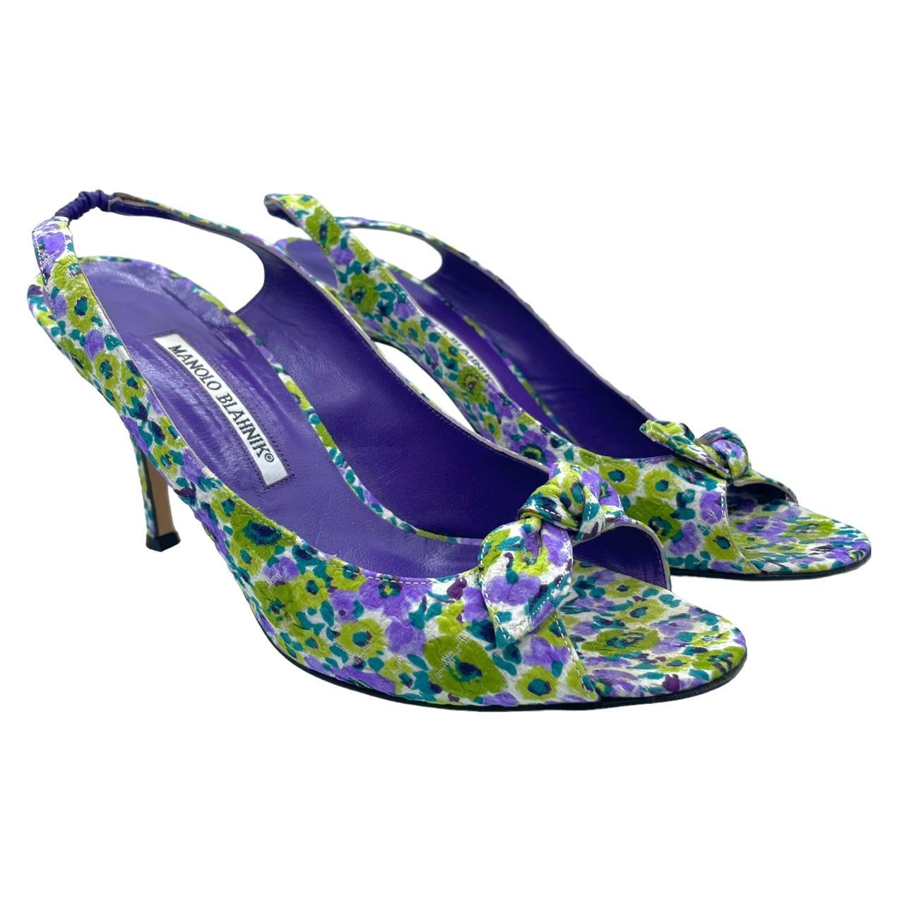 Manolo Blahnik Purple & Green Floral Slingback Heels - Outfit Repeater