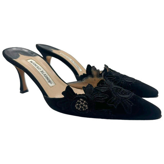 Manolo Blahnik Black Lace Trim Pointed Toe Heeled Mules