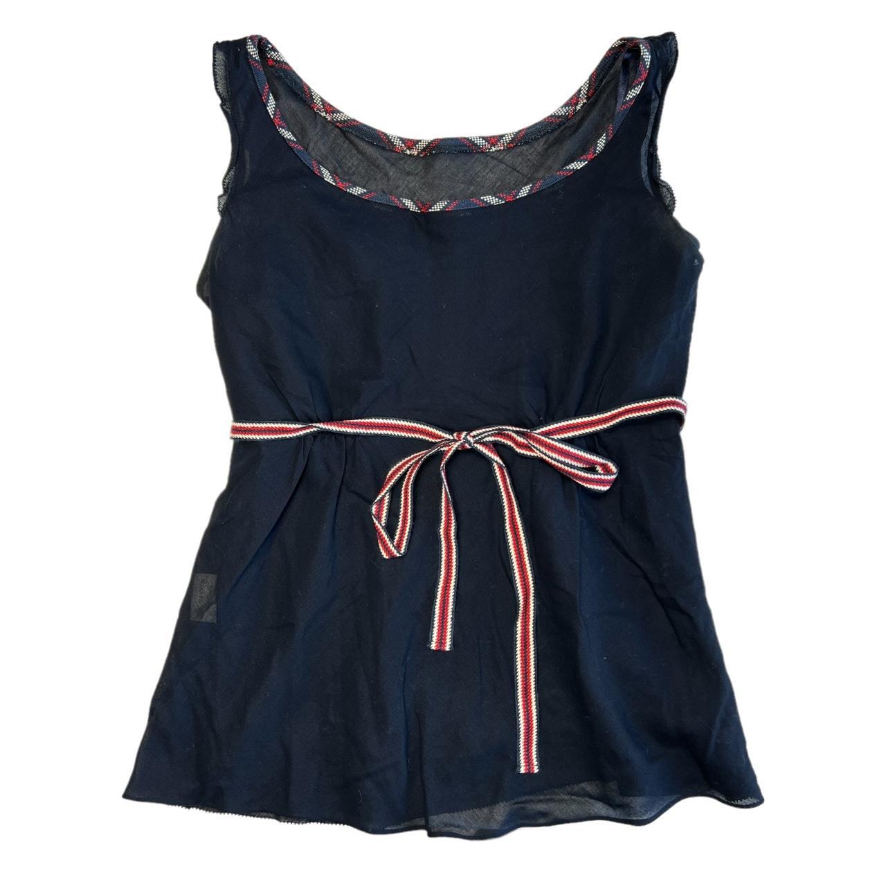 Burberry Blue Label Navy Blue Babydoll Style Tank Blouse with Red Ribbon Tie Waist - Outfit Repeater