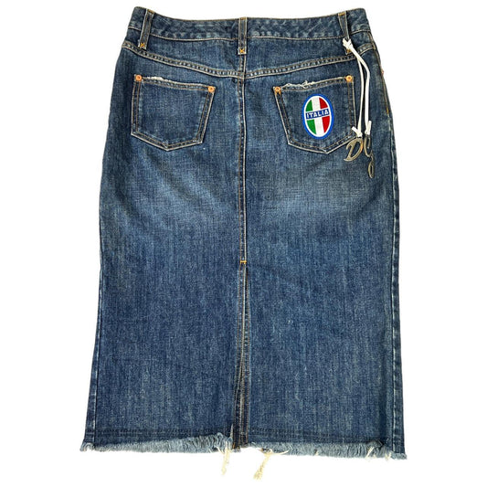 Dolce & Gabbana Dark Wash Denim Midi Skirt with Italia Patch and DG Charms