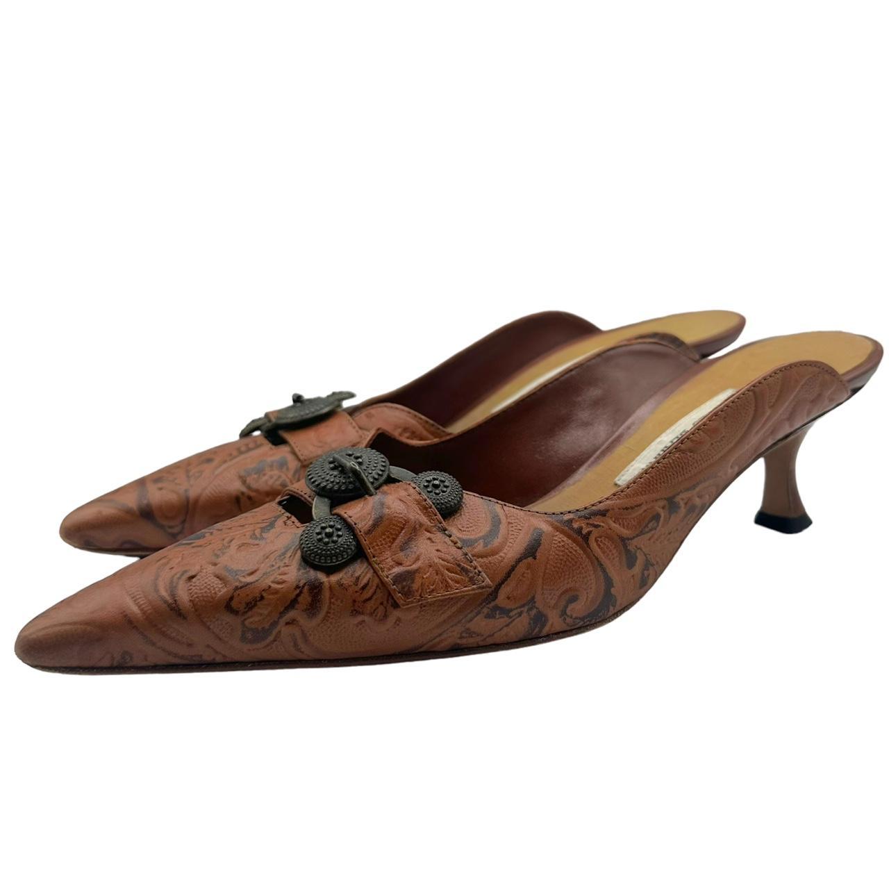 Manolo Blahnik Brown Embossed Leather Kitten Heel Mules