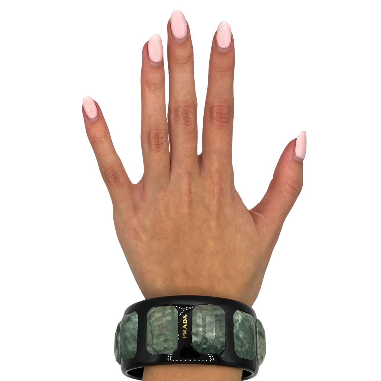 Prada Chunky Resin Bangle Bracelet with Green Gemstone Accents