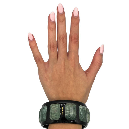 Prada Chunky Resin Bangle Bracelet with Green Gemstone Accents