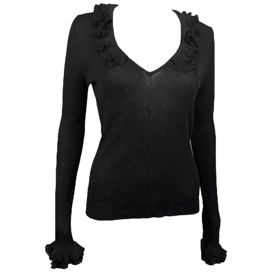 Gucci by Tom Ford F/W 2000 Black Lamé Knit Sweater with Ruffle Trim