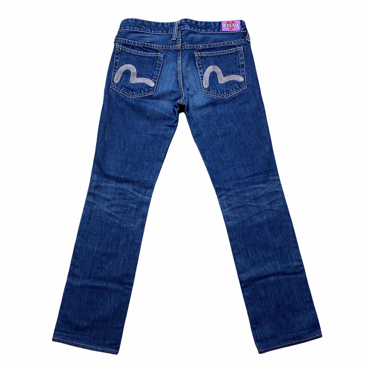Evisu Low Waisted Straight Leg Dark Wash Denim Jeans with Pink Pocket Logo Stitching - Outfit Repeater