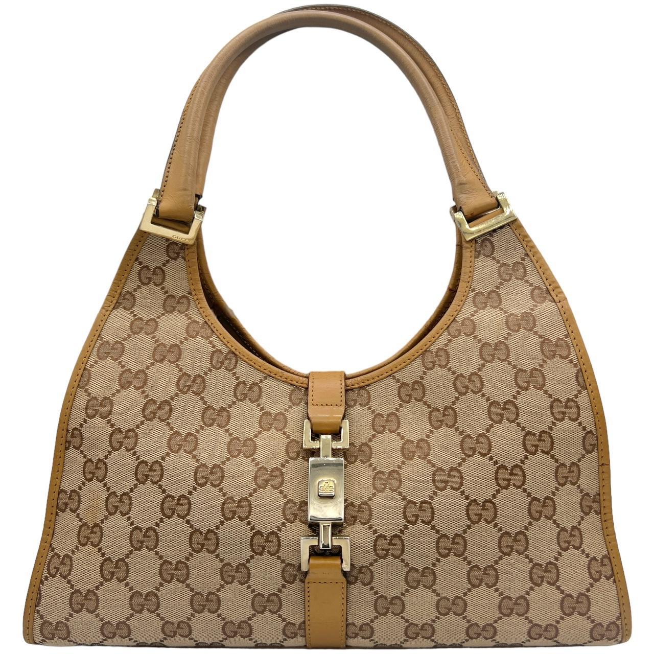 Gucci Tan Leather Monogram Canvas Shoulder Bag