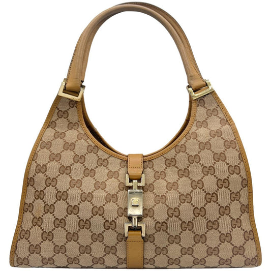 Gucci Tan Leather Monogram Canvas Shoulder Bag