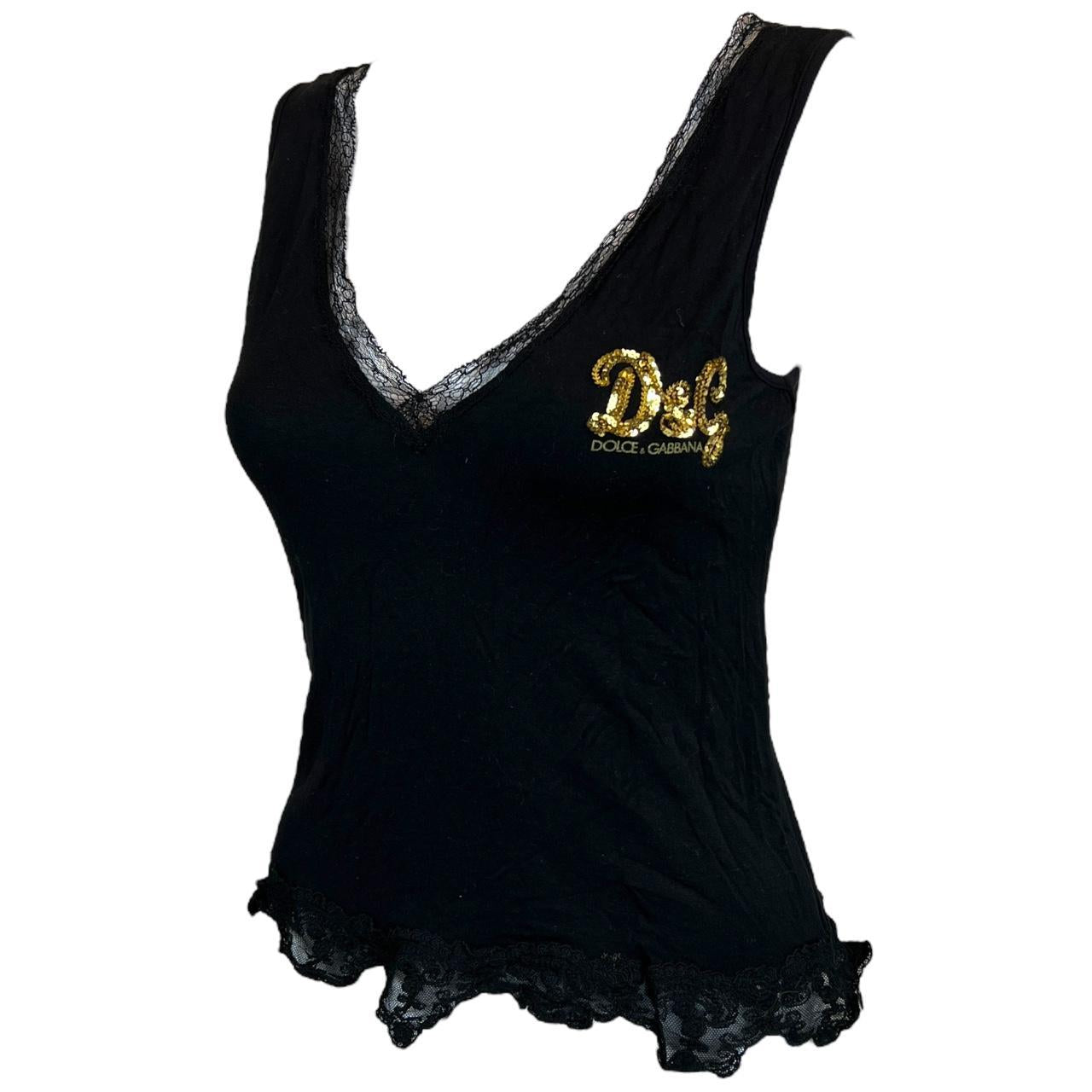 Dolce & Gabbana Black Lace Trimmed Tank Top with Gold Sequin Logo