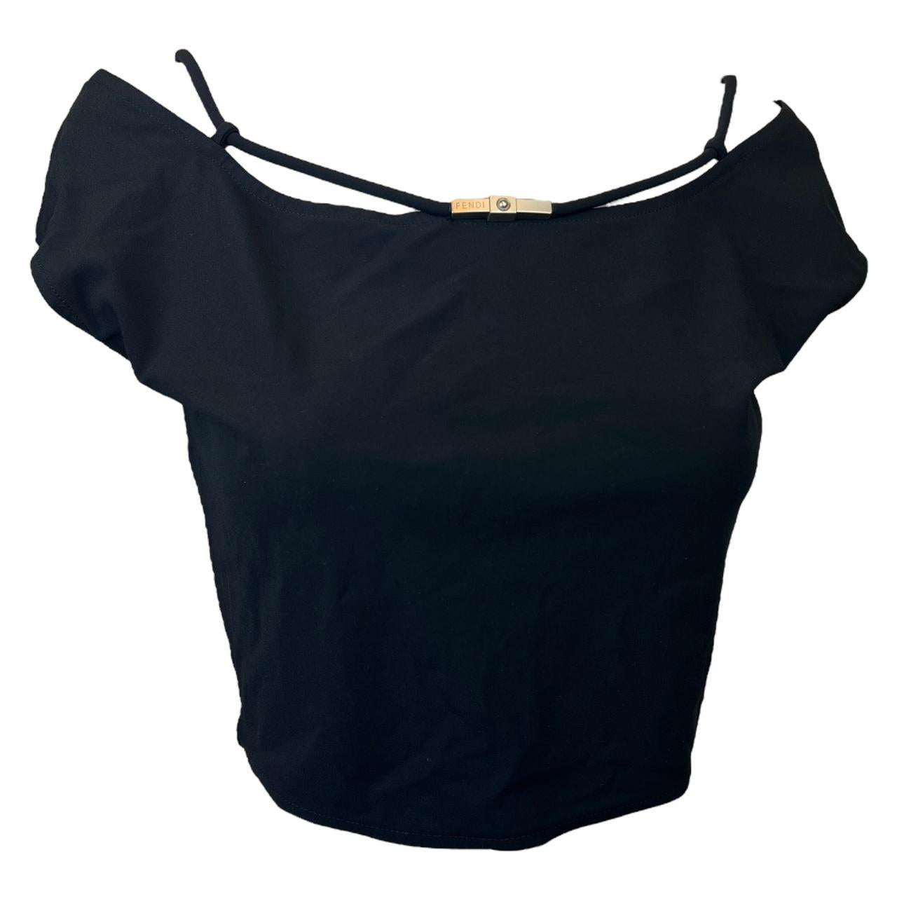 Fendi Mare black Strappy Crop Top with Logo Charm