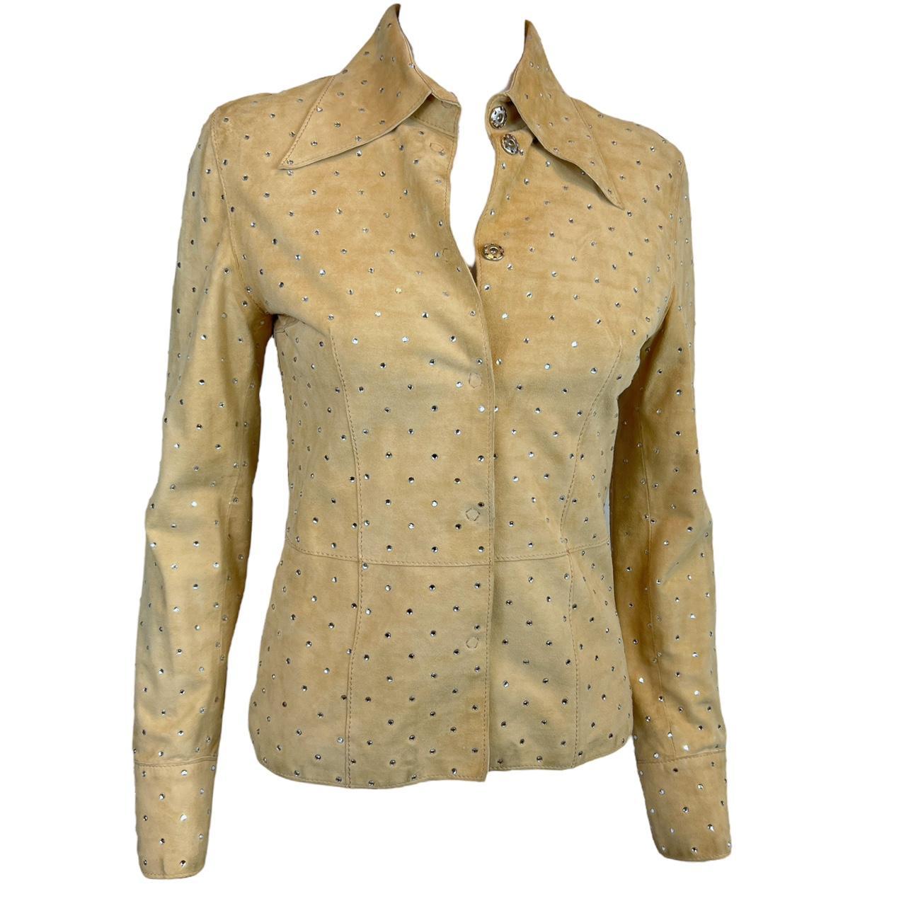 Dolce & Gabbana F/W 2000 Tan Suede Rhinestone Embellished Collared Shirt Jacket