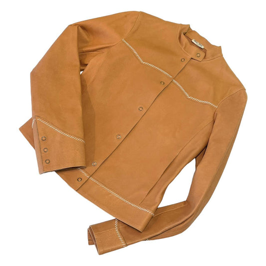 Miu Miu Tan Leather Western Style Jacket with Cream Stitching