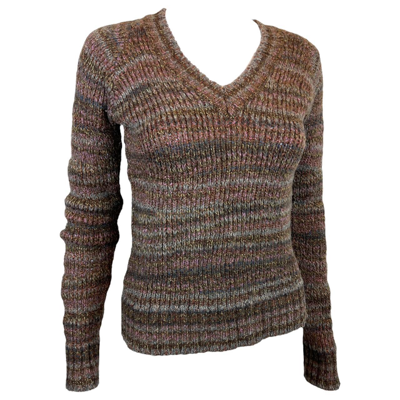 Dolce & Gabbana Brown Toned Metallic Multicolor Striped V-Neck Pullover Sweater - Outfit Repeater