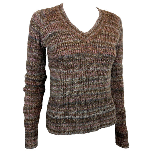 Dolce & Gabbana Brown Toned Metallic Multicolor Striped V-Neck Pullover Sweater - Outfit Repeater