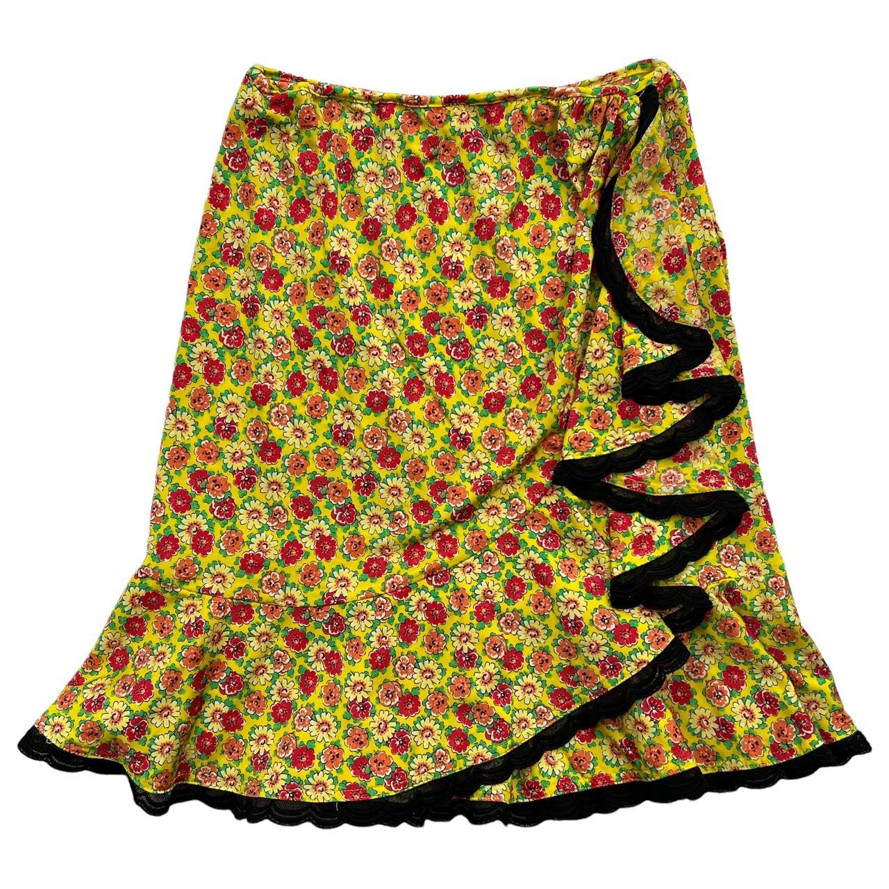 Blumarine Yellow Floral Printed Midi Skirt with Ruffle Hem and Black Lace - Outfit Repeater