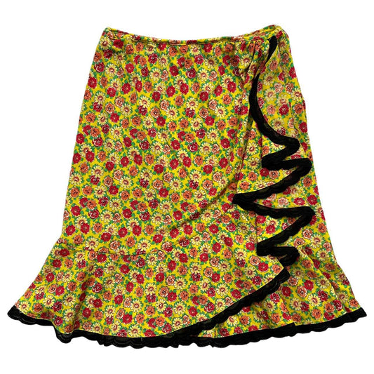 Blumarine Yellow Floral Printed Midi Skirt with Ruffle Hem and Black Lace - Outfit Repeater