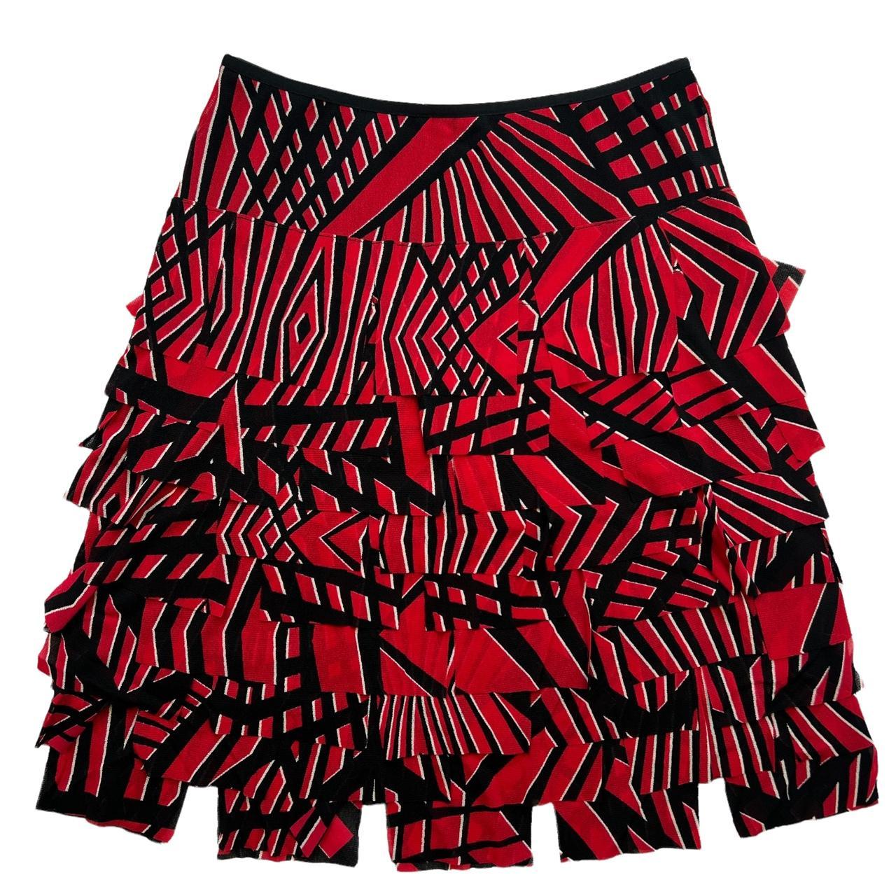 VIVIENNE TAM Black and Red Printed Mesh Tiered Ruffle Midi Skirt - Outfit Repeater