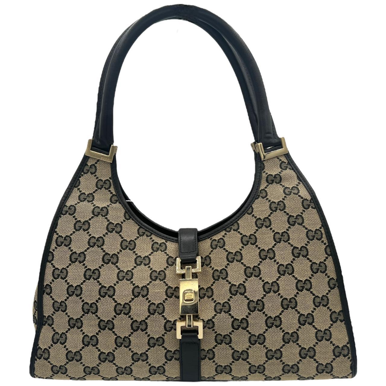 Gucci Black Leather Gray Monogram Canvas Jackie Bag