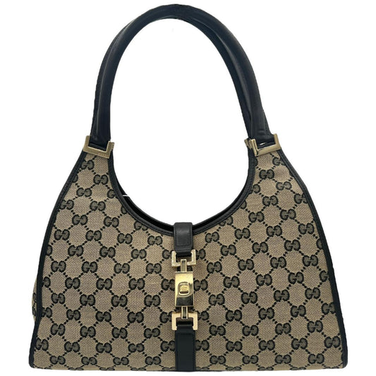 Gucci Black Leather Gray Monogram Canvas Jackie Bag
