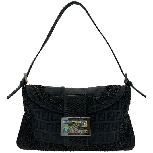 Fendi Black Zucca Beaded Baguette Shoulder Bag